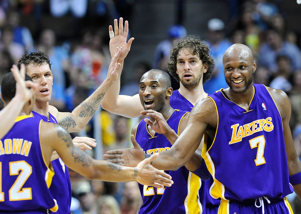 DENVER, CO. MAY 29, 2009Lakers from left, Luke Walton, Kobe Bryant, Pau Gasol and Lamar Odom cele