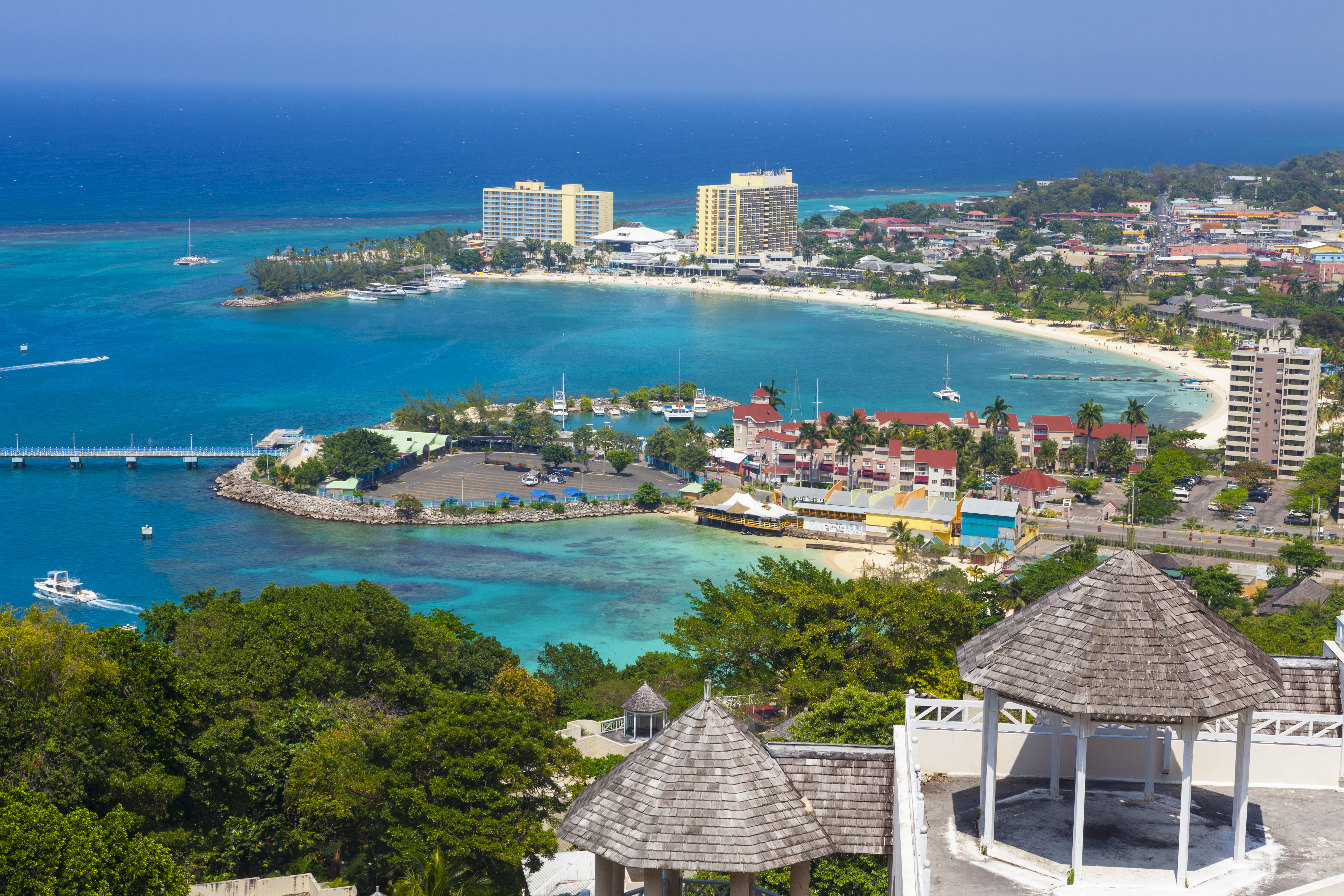 Elevated view over city & coastline, Ocho Rios, St. Ann Parish, Jamaica, Caribbean