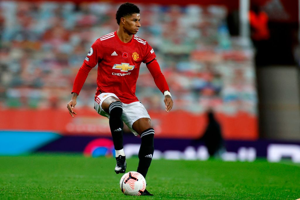 Soccer Player Marcus Rashford Plays Against Arsenal At Old Trafford on November 1, 2020