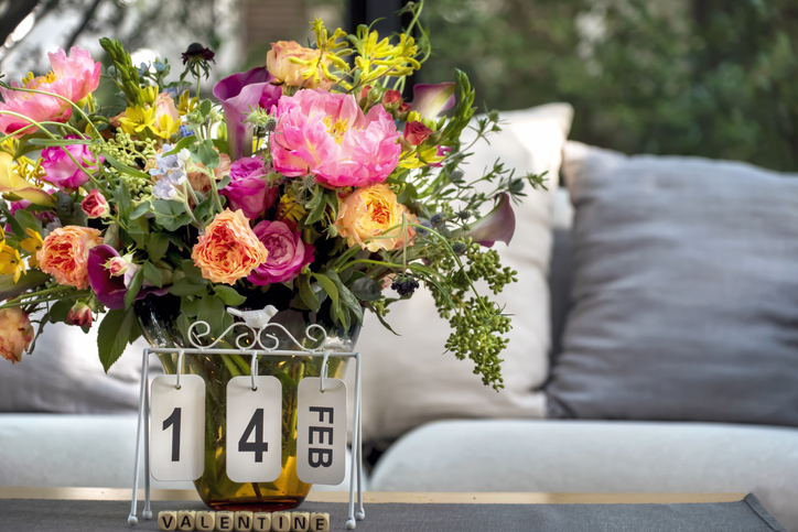 Beautiful flowers in a vase for Valentine’s Day.