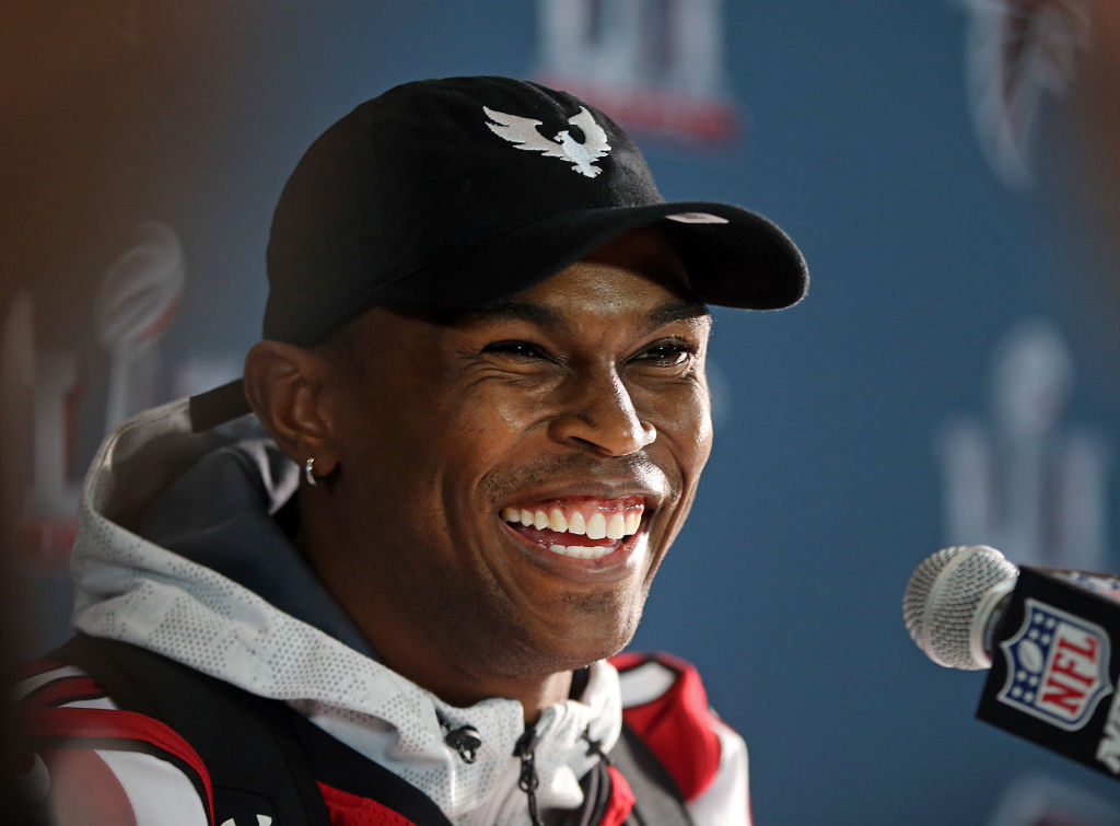 (020117 Houston, TX) Julio Jones laughs during the Atlanta Falcons media availability in Houston on Wednesday, February 1, 2017. Staff Photo by Nancy Lane