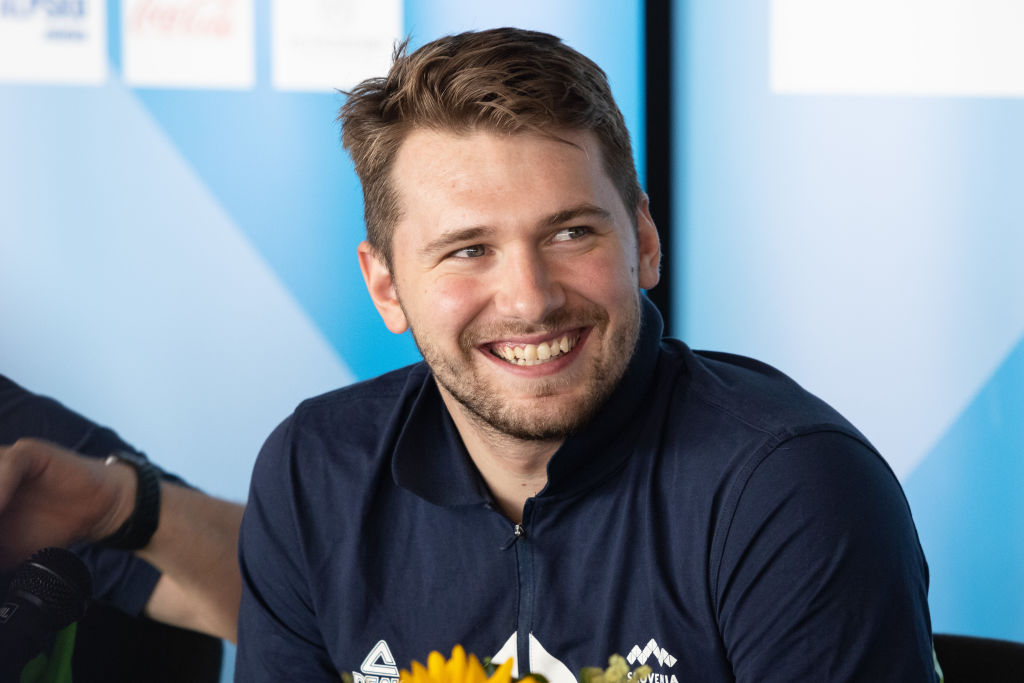 Luka Doncic attends a press conference upon Slovenia...