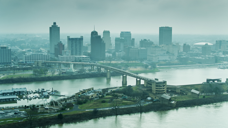 Skyline of Memphis, Tennessee and Mud Island - Aerial