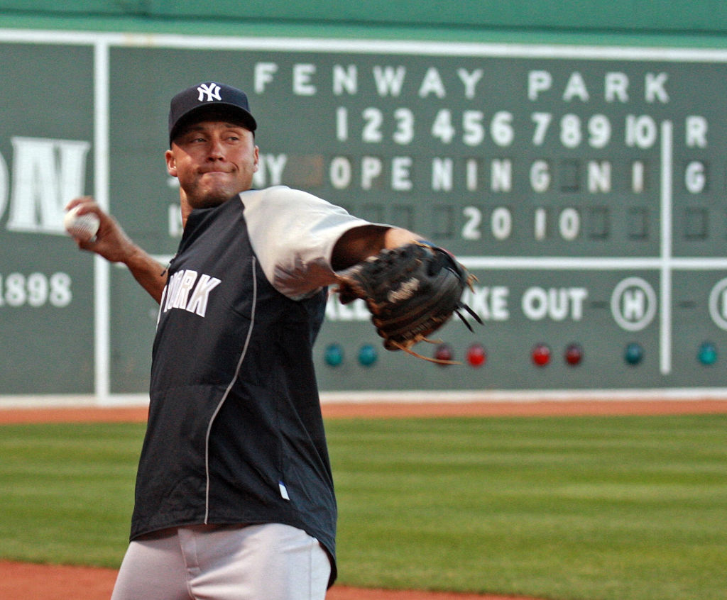 (040410 Boston, MA) New York Yankees shortstop Derek Jeter throws a ball during batting practice.The Boston Red Sox face off against the New York Yankees during Opening Day at Fenway Park in Boston.(Sunday,April 4, 2010). Staff Photo by Nancy Lane&#