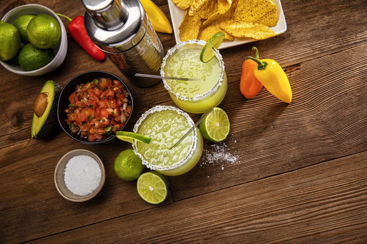 Margarita glasses on a retro Wood Background