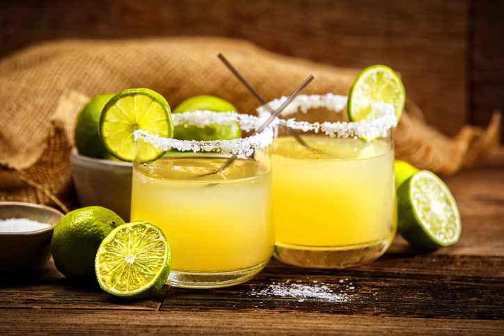 Margarita glasses on a retro Wood Background