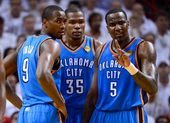 Serge Ibaka Checks Former Thunder Teammate Kendrick Perkins