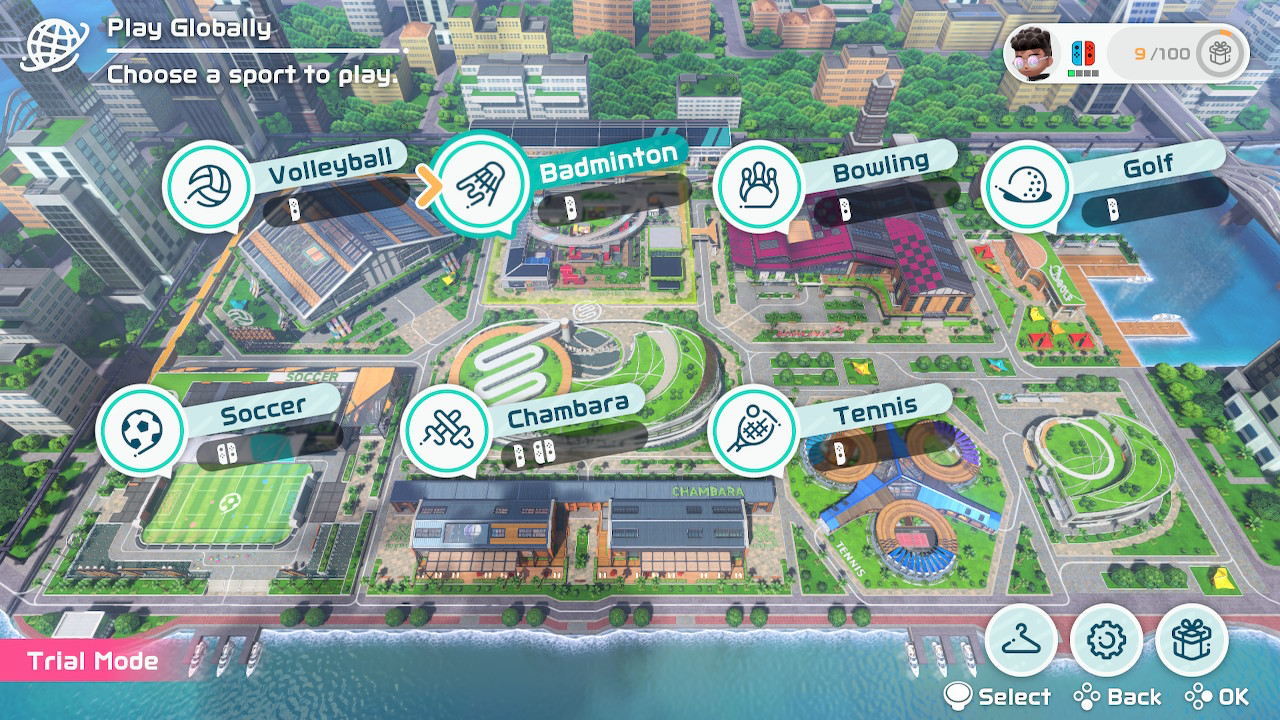 Screenshot of Nintendo Switch Sports video game. The screen shows the main menu where the player can choose which sport to play.