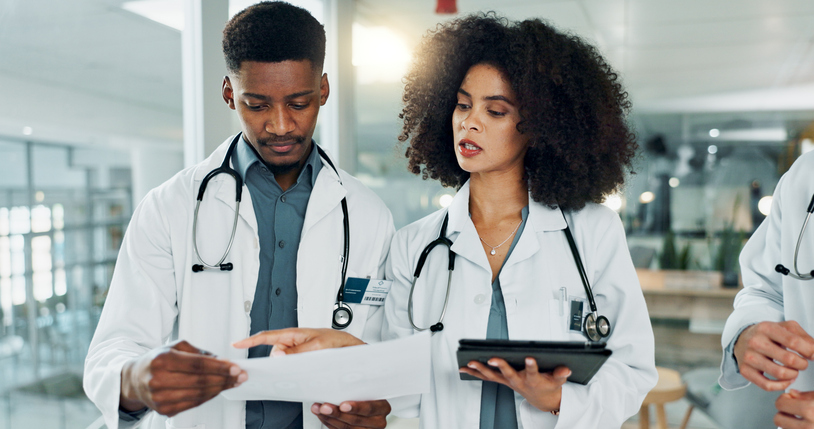 Documents, team doctors and people reading, consulting and collaboration on medicine study, research or healthcare results. Discussion, hospital and medical surgeon, nurse and group review paperwork