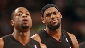 Boston, MA - Miami Heat small forward LeBron James reacts to a foul called in the 2nd quarter as he and Dwyane Wade fall behind to the Boston Celtics in Game 4 of the Eastern Conference Finals at TD Garden on Sunday, June 3, 2012. Staff Photo by M